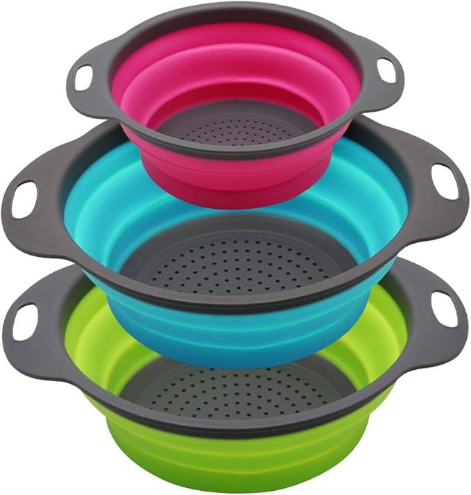 Qimh Collapsible Colander Set of 3 Round Silicone Kitchen Strainer Set - 2 pcs 4 Quart and 1 pcs 2 Quart- Perfect for Draining Pasta, Vegetable and fruit (green,blue, purple) added by Nomadic Nooks