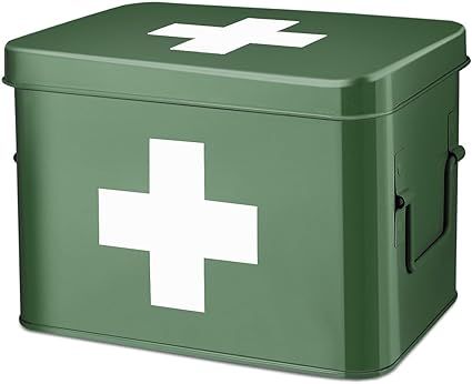 Flexzion First Aid Box Organizer, Empty 8.5 Inch Green Vintage First Aid Kit Tin Metal Medical Box First Aid Storage Box Container Bins with Dividers, Removable Tray and Cross Logo added by Ally Stybaniewicz