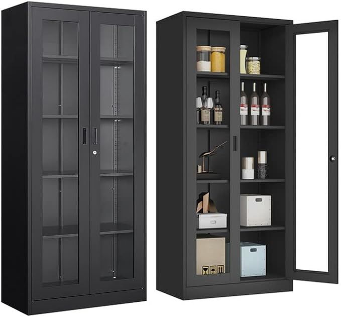 AFAIF Glass Display Cabinet Curio Cabinet with Glass Door & 4 Adjustable Shelves, Liquor Cabinet with Lock, 71"H Tall Bookshelf Bookcase Metal Storage Cabinet Display Case for Home Office Living Room added by Nomadic Nooks