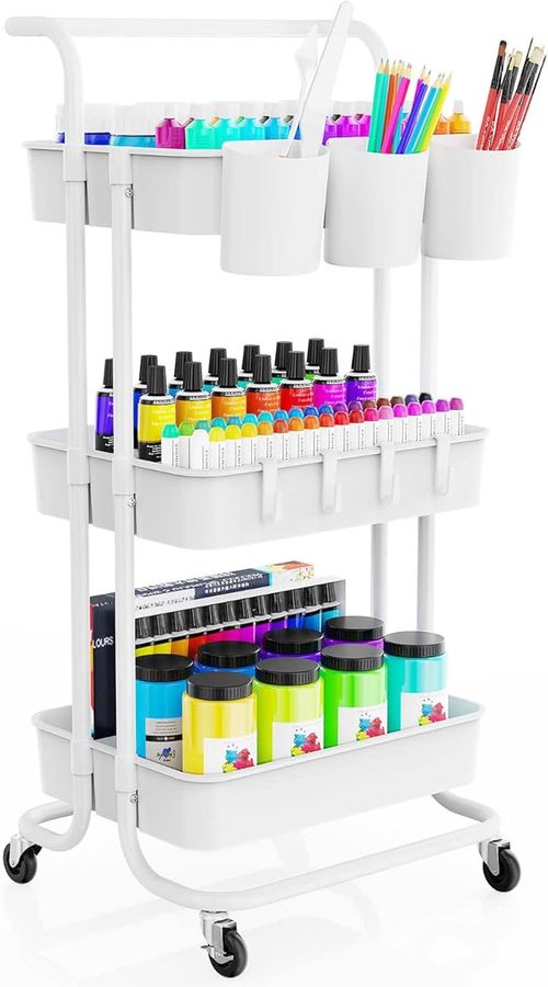 LEHOM 3-Tier Rolling Utility Cart with Hanging Cups & Hooks & Handle, Multifunctional Art Cart Organizer Storage with Wheels, Easy Assembly for Office, Bedroom, Kitchen, Bathroom, Laundry (White) added by Rachel Fedorov