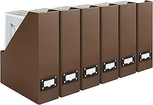 BLU MONACO Sophisticated Organization with a Set of 6 Foldable Brown Magazine File Holders with Brown Label Holders - Professional Magazine File Storage for Executive Desk or Home Office added by Where The Heart Is Designs