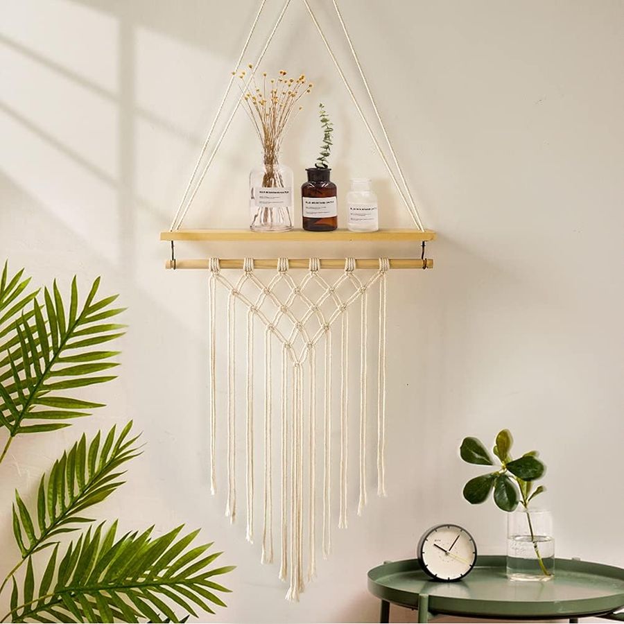 AerWo Macrame Wall Hanging Shelf and Wall Shelves, Hanging Plant Shelf Wooden Hanging Shelves and Handmade Cotton Woven Rope Bohemian Shelves, Boho Decor... added by erika grossman