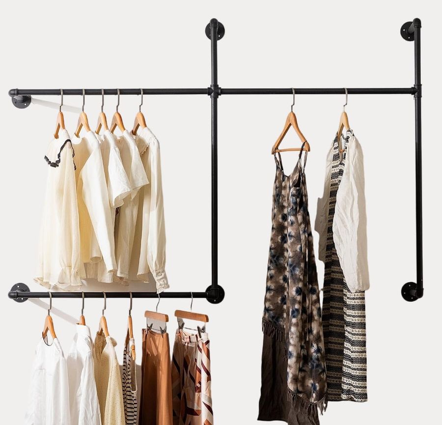 Industrial Pipe Clothing Rack Heavy Duty Wall Mounted Clothes Rack,Pipe Garment Rack Rail,Indoor Detachable Multi-Purpose Clothing Hanging Rod/Garment Bar, Black (3 hanging rods wall garment rack) added by Erika Fadden