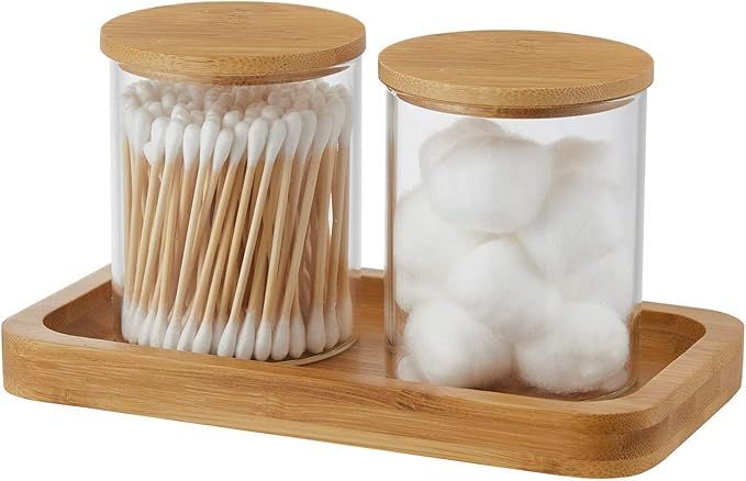 Bamboo Vanity Tray, Bathroom Tray Organizer Glass Qtip Holder Dispenser Apothecary Jars for Cotton Swabs Balls, Round Pad, Perfume Candles, Cosmetics and Jewelry Storage Organizer added by Alivia Korsun