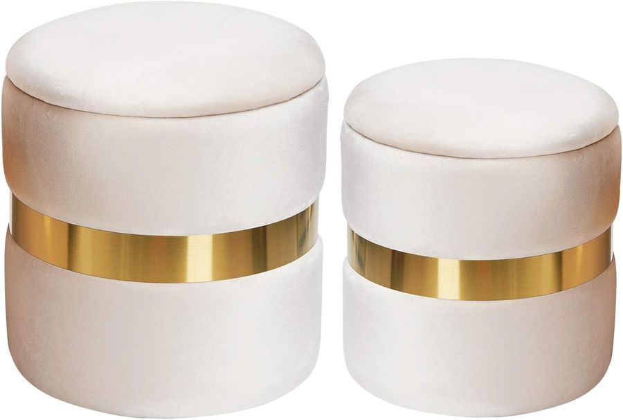 DEERUN Round Velvet Storage Ottoman Foot Rest Stool/ Upholstered Footstool/ Side Table Seat Make Up Stool with Stainless Steel Band, Pack of 2 (Beige) added by Amber Wilcox