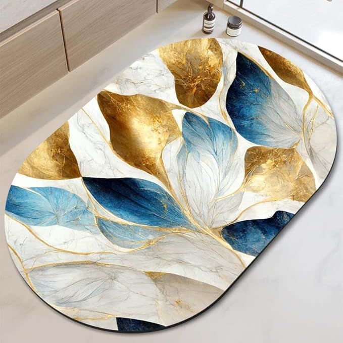 DUADELI Blue, Gold and White Colors Marble Diatomaceous Earth Bath Mat Non-Slip Bathroom Rug Super Absorbent Quick Dry Bath Mat Rug for Bathroom Bathtub fit Under Door(Oval 40cm×60cm) added by KATHERINE ECK