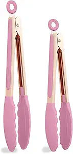 COOK WITH COLOR Stainless Steel Silicone Tipped Kitchen Food BBQ and Cooking Tongs Set of Two 9” and 12” for Non Stick Cookware, BPA Fee, Stylish, Sturdy, Locking, Grill Tongs, Rose Gold (Blush) added by Nomadic Nooks