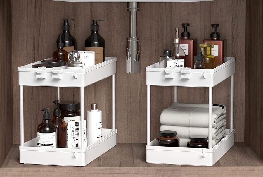 SPACEKEEPER Under Sink Organizer, 2 Tier Under Sink Storage Organizer, Bathroom Standing Rack, Bath Collection Slide-out Baskets with Hooks, Multi-purpose Storage Shelf, White, 2 Pack added by Rachel Fedorov