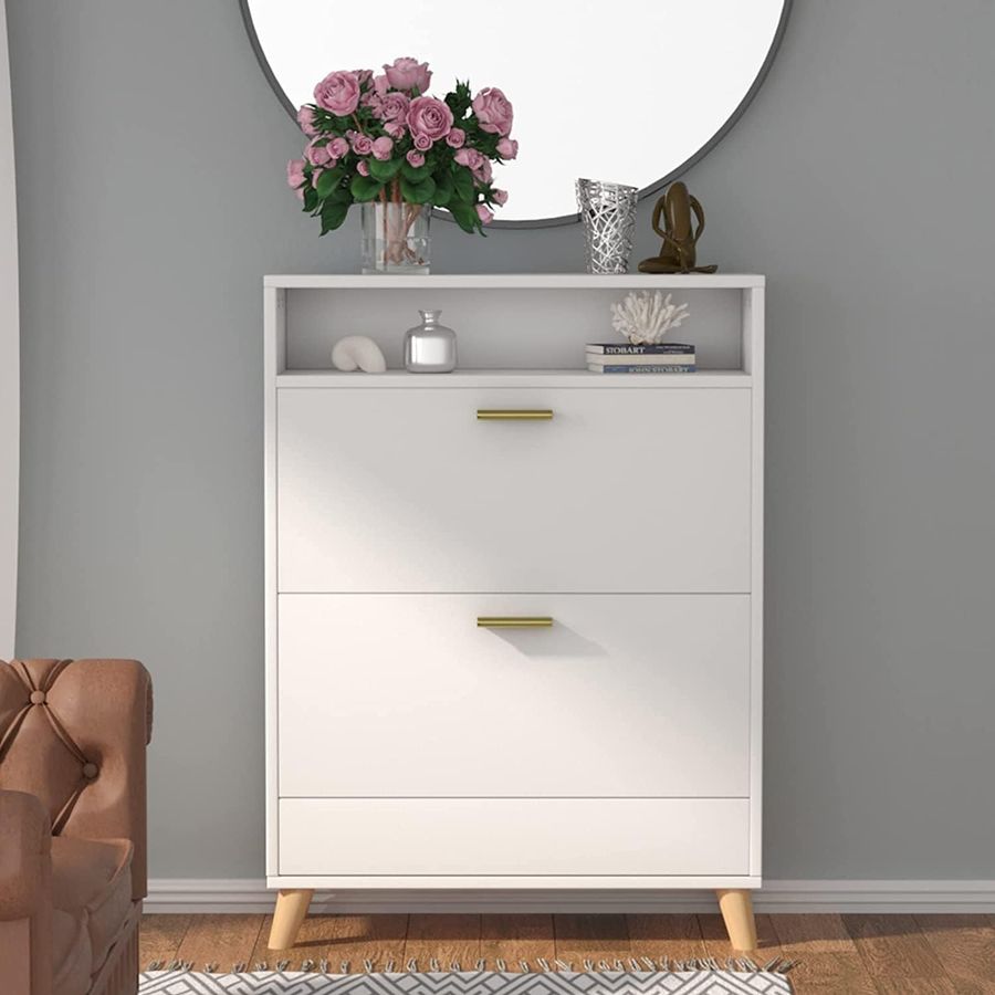 Gyfimoie Shoe Storage Cabinets, Free Standing Shoe Organizer with 2 Flip Drawers for Entryway, Narrow 3 Tier Entryway Hidden Shoe Rack with Doors (Off White) added by Rachel Fedorov