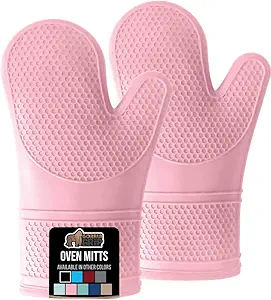 The Original Gorilla Grip Heat and Slip Resistant Silicone Oven Mitts Set, Soft Cotton Lining, Waterproof, BPA-Free, Long Flexible Thick Gloves for Cooking, BBQ, Kitchen Mitt Potholders, 12.5 IN, Pink added by Nomadic Nooks
