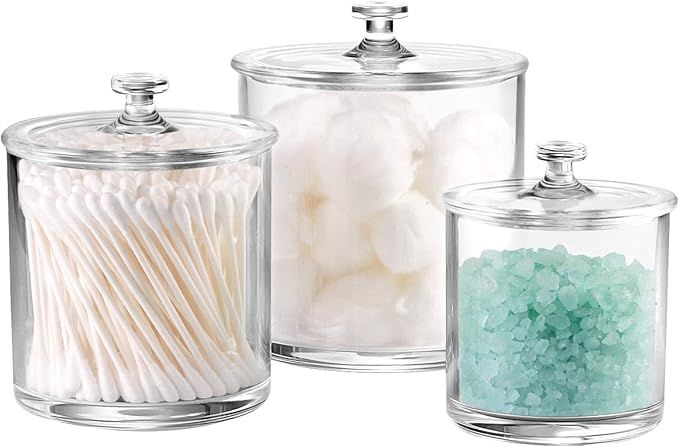 Premium Quality Acrylic Qtip Holder Apothecary Jars Bathroom Vanity Organizer Canister for Qtips,Cotton Swabs,Cotton Balls,Cosmetic Pads,Flossers,Nail Polish,Bath Salts,Clear,Plastic | 3-Pack added by Rachel Fedorov
