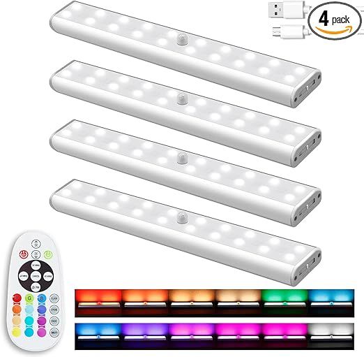 Under Cabinet Lights Wireless, Dimmable 48 LED Closet Lights Rechargeable, Under Counter Lighting with Remote, 15 Color Changing Night Light RGB Bar for Home Shelf Kitchen Pantry Stair, 4 Pack added by Jamie Stellato