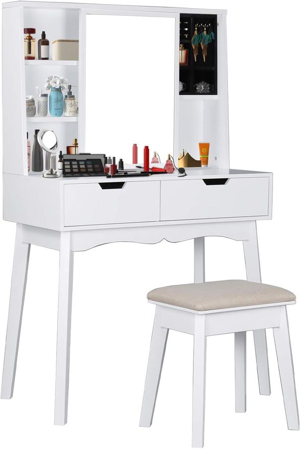 White Vanity Table Set with Movable Mirror, Jewelry Cabinet, Detachable Jewelry Storage Box, Cushioning Stool, 2 Drawer Dressing Table (White) added by Spoak Member