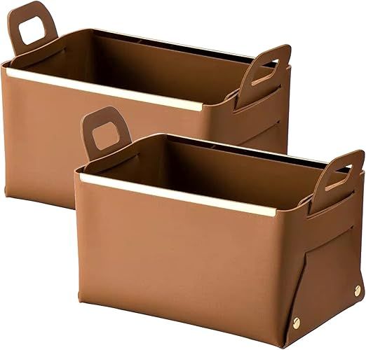 SINOWE Decorative Faux Leather Basket,Small Catchall Basket for Entryway Bedside Dresser End table,Collapsible Rectangle Tray Organizer Box,Set of 2,Caramel added by Where The Heart Is Designs