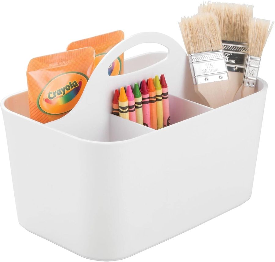 mDesign Plastic Craft Storage Organizer Bin with Handle for Living Room Drawer, Office Desk Organization - Holds Craft, Sewing, Art Supplies - Lumiere Collection - White added by Rachel Fedorov