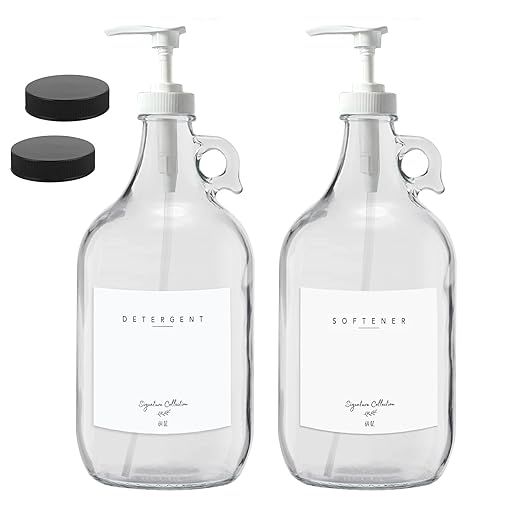 Laundry Detergent Dispenser for Laundry Room - Two Half Gallon Glass Jugs for Fabric Softener Dispenser, Liquid Laundry Soap Dispenser and Bleach - 64 oz. White Commercial Condiment Pump Dispenser added by Where The Heart Is Designs