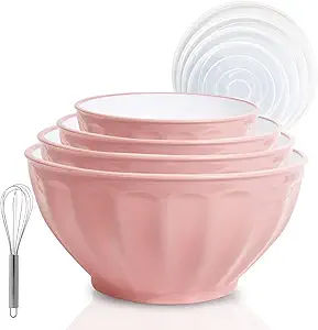 JCXivan Mixing Bowls with Lids Set,9 Piece Large Plastic Nesting Mixing Bowls,Includes 4 Microwave safe Mixing Bowl and An Egg Whisk for Kitchen Prepping,Baking,Cooking Food, Pink added by Nomadic Nooks