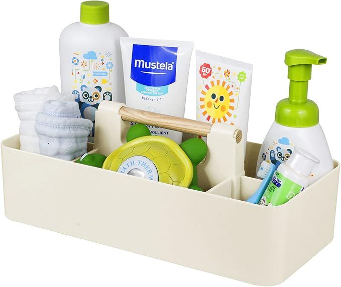 Baby Shower Caddy Plastic Nursery Portable Storage Organizer Caddy Tote for Child/Kids, Divided Basket Bin with Wood Handle for Bathroom, Dorm Room, Holds Hand Soap, Bottles, Spoons (Beige) added by Rachel Fedorov