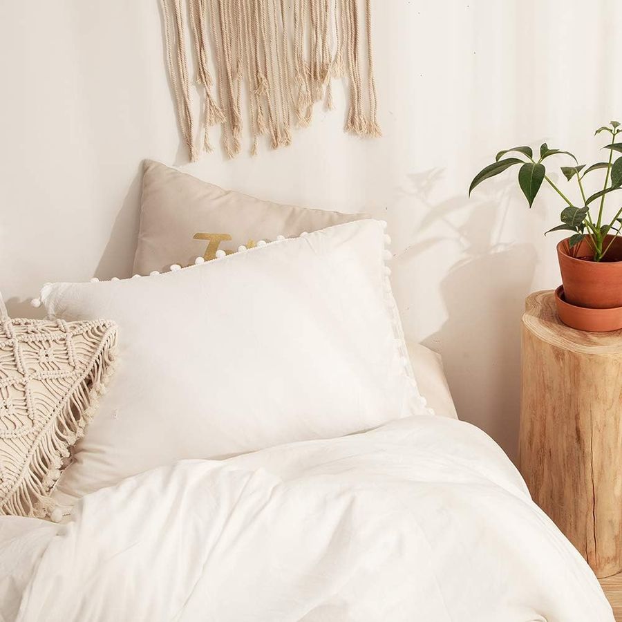White Pom Poms Pillowcases Set of 2, Off White Ball Fringe Pillow Cover, 100% Soft Washed Microfiber, White King Pillow Shams, 2 Pack (King, White) added by Spoak Member