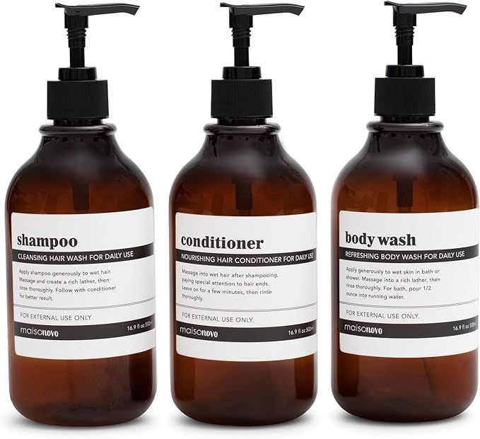 MaisoNovo Apothecary Dispenser Bottle for Bathroom and Kitchen - Refillable for Shampoo Lotion Oil Shower Soap Hand Soap and Dish Soap - 3 Plastic Bottles added by Yvette Neri
