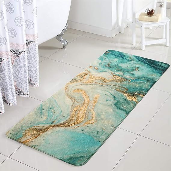 Uphome Bath Rug Runner Luxury Turquoise Marble Velvet Bath Mat 18x47 inch Non-Slip Long Bathroom Rugs Machine-Washable Soft Microfiber Floor Rugs for Bathtub Shower added by KATHERINE ECK