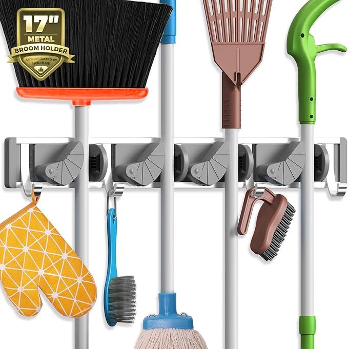 Holikme Mop Broom Holder Wall Mount Metal Pantry Organization and Storage Garden Kitchen Tool Organizer Wall Hanger for Home Goods (4 Positions with 4 Hooks, Silver) added by Alivia Korsun