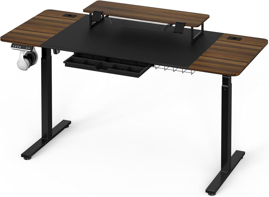 SHW 62-Inch Extra Large Electric Height Adjustable Standing Desk with Monitor Riser and Drawer, Walnut added by sallie tyler