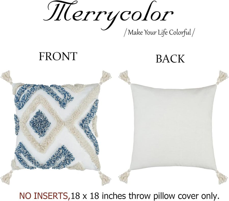 Merrycolor Boho Decorative Throw Pillow Covers Blue and White Pillow Cover with Tassels Soft Woven Tufted Pillow Case Neutral Accent Cushion Cover for Couch Sofa Bedroom,18x18,1PC added by KATHERINE ECK