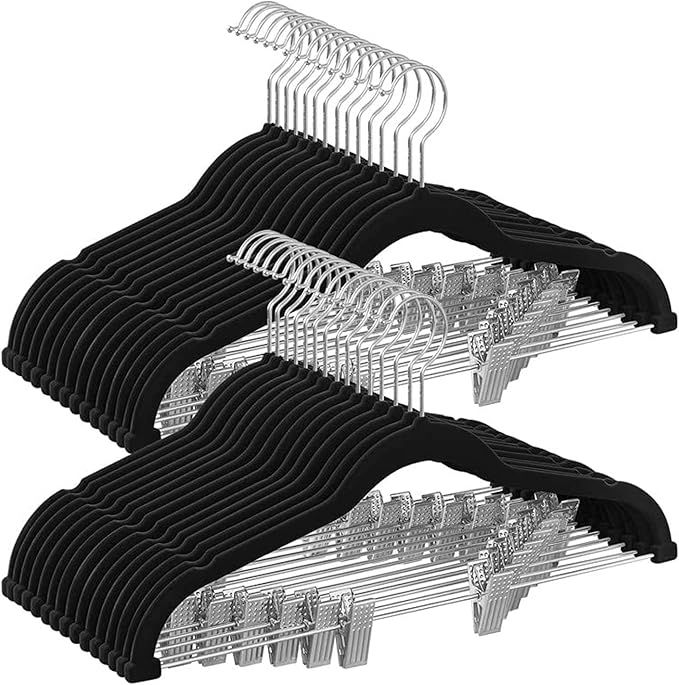 SONGMICS Skirt Hangers, Set of 30 Velvet Hangers with Adjustable Clips, Pants Hangers, Space-Saving, Non-Slip for Skirts, Coats, Dresses, 16.7-Inch Long, Black UCRF12B30 added by Rachel Fedorov