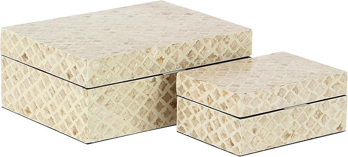 Deco 79 Mother of Pearl Handmade Box with Hinged Lid, Set of 2 12", 8"W, Cream added by Tessa Kofford