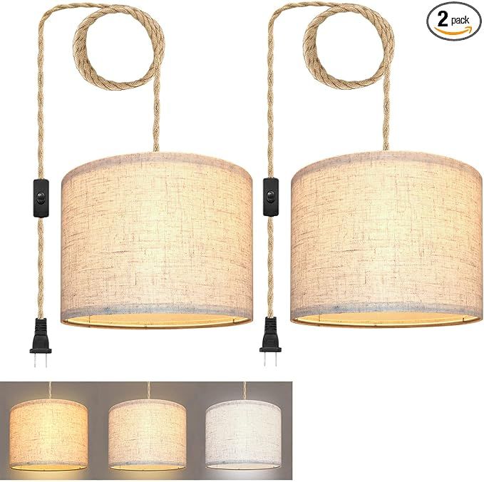Plug in Pendant Light, Hanging Lights with Plug in Cord, Hanging Lamp with 15ft Hemp Rope, On/Off Switch, Beige Linen Shade, Hanging Light Fixture for Bedroom, Living Room, Dining Table 2 Pack added by Alivia Korsun