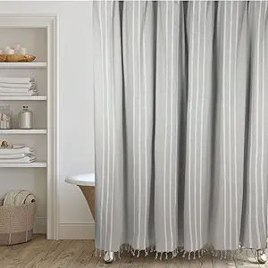HALL & PERRY Modern Stripe Shower Curtain with Tassels - Grey Vertical Striped 100% Cotton, 72" x 72" added by Liz Nevil-Smith