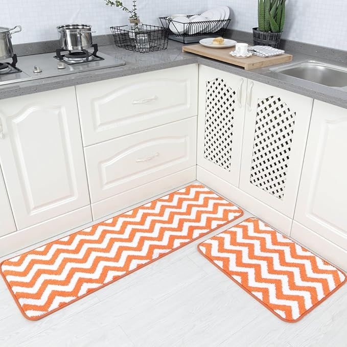 Carvapet 2 Pieces Microfiber Chevron Non-Slip Soft Kitchen Mat Bath Rug Doormat Runner Carpet Set, 17"x48"+17"x24", Orange added by Ariel Corley