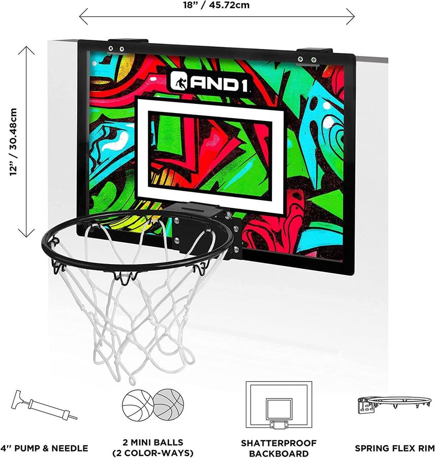AND1 Over The Door Mini Hoop: - 18”x12” Pre-Assembled Portable Basketball Hoop with Flex Rim, Includes Two Deflated 5” Mini Basketball added by Courtney Hill