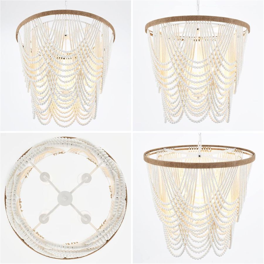 ELYCCUPA 26” Boho Wood Beaded Chandelier Rustic Farmhouse Pendant Light 4-Lights Large Coastal Chandelier for Living Room Dining Room Foyer Entryway Bedroom, Oak White, E26, UL Listed added by Maria Delucia