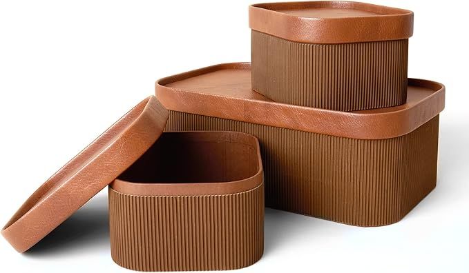 LA JOLIE MUSE Fluted Cardboard Storage Basket with Leather Lids, Sturdy Stackable Paper Boxes Decorative Tray, Modern Basket Organizer Bins for Jewelry Shelve Bathroom Bedroom Organizing, Chocolate Brown, Set of 3 added by Rachel Fedorov