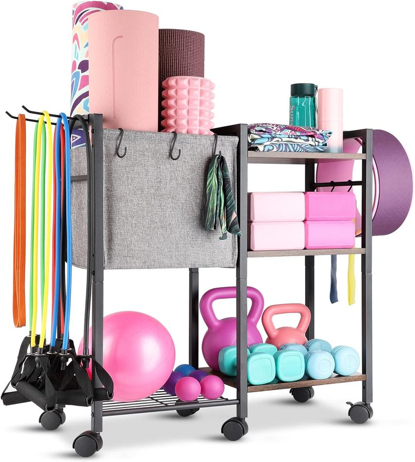 Yoga Mat Storage Rack Home Gym Equipment Storage Organizer Yoga Mat Holder for Yoga Mat Foam Roller Dumbbells Kettlebells Resistance Bands and More Gym Accessories Women Men Workout Equipment Organization with Hooks and Wheels added by Rachel Fedorov