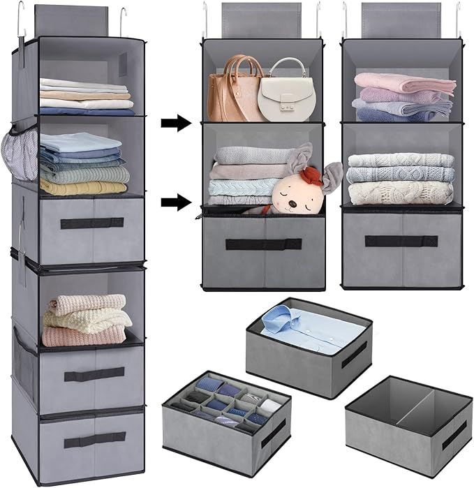 Fixwal 6-Shelf Hanging Closet Organizer, 2 Separable 3-Shelf Hanging Shelves with 3 Drawers, Nursery Hanging Organizers, Baby Clothes Organization and Storage, Grey added by Rachel Fedorov
