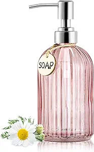 MOCLIF 16OZ Fashion Stripe Clear Glass Refillable Soap Dispenser with 304 Stainless Steel Pump Premium Soap Dispenser， for Kitchen, Bathroom, Hand Sanitizer, Liquid Soap, Lotion, etc. (Clear Pink) added by Nomadic Nooks