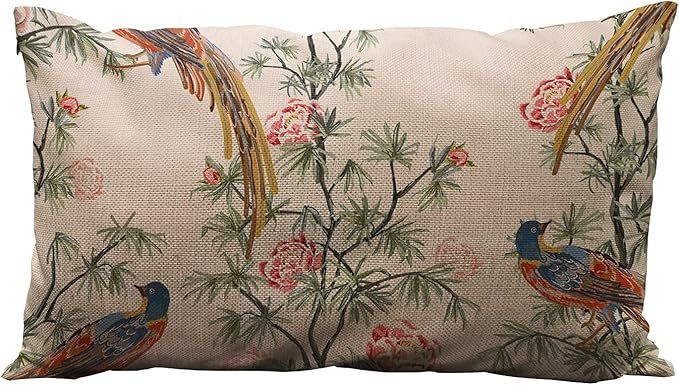 Wozukia Birds Decorative Throw Pillow Cover Beautiful Exotic Chinoiserie Vintage Rose Trees Palms Flowers Birds Floral Border Pink Lumbar Pillow Cases Oblong 12x20 Inches Cotton Linen Cushion Covers added by KATHERINE ECK