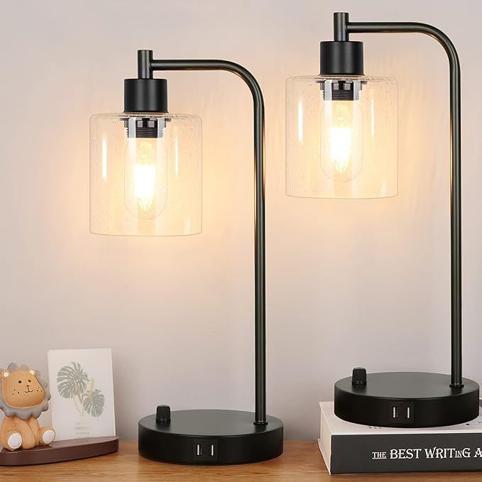 Set of 2 Industrial Table Lamps with 2 USB Port, Fully Stepless Dimmable Lamps for bedrooms, Bedside Nightstand Desk Lamps with Seeded Glass Shade for Reading Living Room Office 2 LED Bulb Included added by Nomadic Nooks