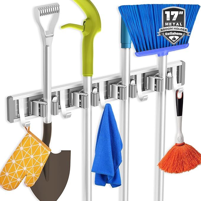 reliahom Broom Holder Mop Hanger Wall Mount Metal Organization Garage Storage System Garden Kitchen Tool Organizer (4 Racks with 5 Hooks, Silver) added by Rachel Fedorov