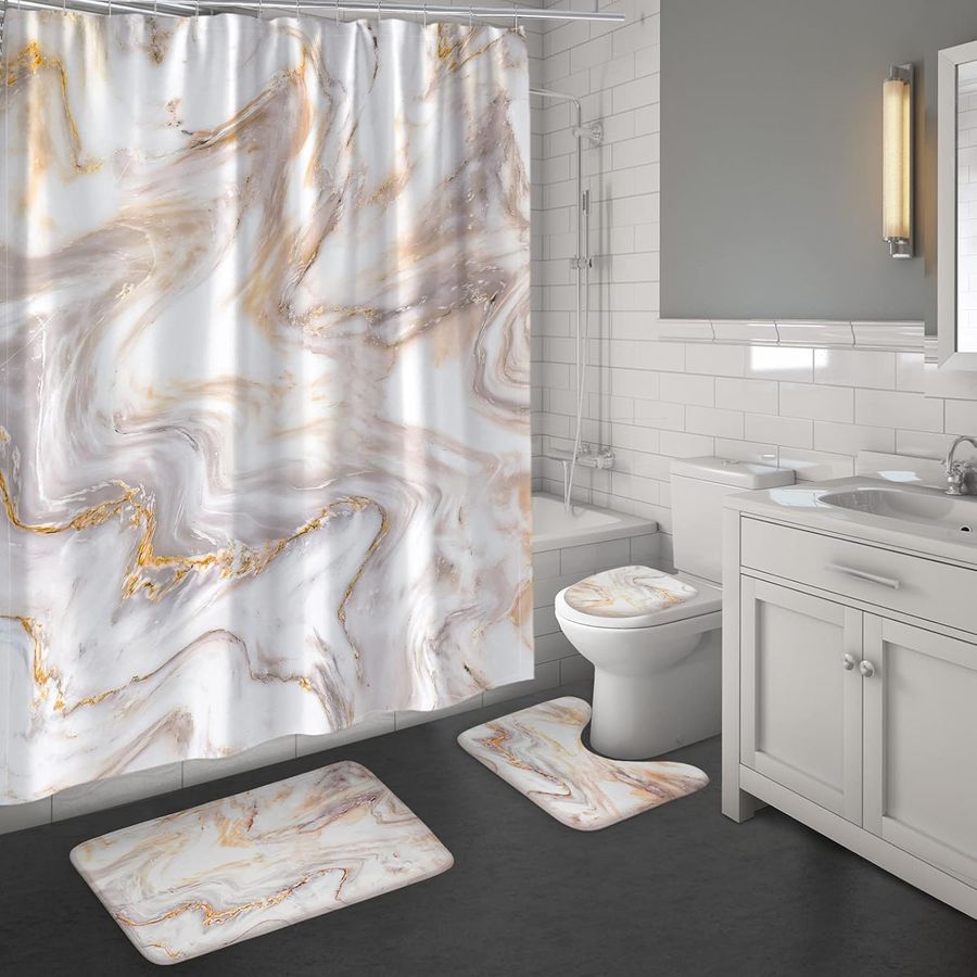 MitoVilla 4 Pcs Rose Gold Marble Bathroom Sets with Shower Curtain and Rugs and Accessories, Abstract Gold Grey White Bathroom Shower Curtain Sets with Rugs, Modern Rosegold Marble Shower Curtain added by Alivia Korsun