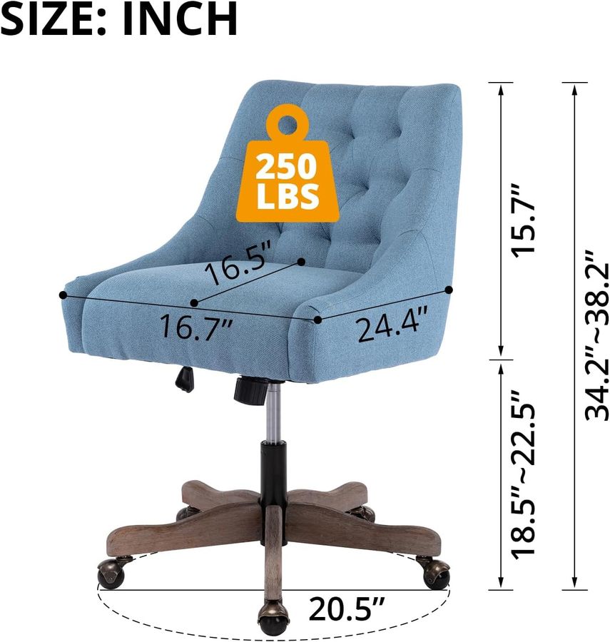 Swivel Home Office Chair, Modern Fabric Upholstered Tufted Accent Computer Desk Chair with Ergonomic Wide Backrest and Wooden Legs, Height Adjustable Swivel Vanity Chair for Office, Blue added by Adrienne Collins