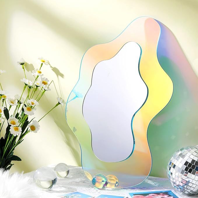 Wavy Acrylic Mirror Rainbow Irregular Aesthetic Vanity Mirror Wavy Mirror Frameless Amorphic Mirror Retro Mirror for Living Room Bedroom Bathroom Entryway Wall Decor(Vivid Style,14.2 x 9.8 Inch) added by Sarah Jackson