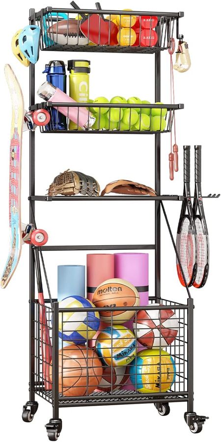 INGIORDAR Garage Sports Equipment Organizer System Ball Gear Outdoor Toy Storage Rack with Baskets Hooks and Wheels Rolling Basketball Racks for Balls，Black added by Rachel Fedorov