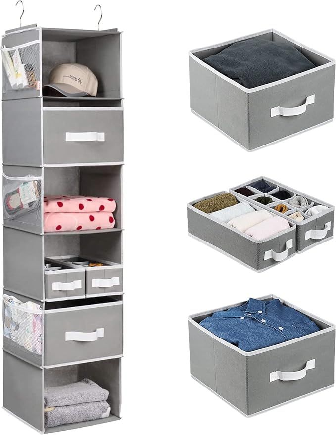 Univivi Closet Hanging Storage Organizer,6 Shelf Hanging Closet Organizer with Drawers and Baby,Nursery Closet Organization and Storage,6 Side Pockets Closet Hanging Shelves for Clothes, TShirts ,Gray added by Rachel Fedorov