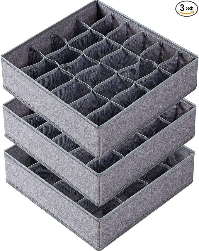 3 Pack Sock Underwear Organizer Dividers, 64 Cell Drawer Organizers Fabric Foldable Cabinet Closet Organizers and Storage Boxes for Storing Socks, Underwear, Ties (16+24+24 Cell, Gray) added by Alivia Korsun