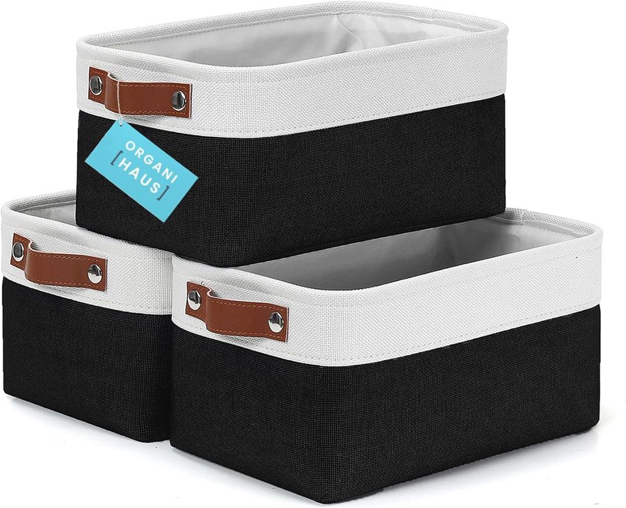 OrganiHaus Medium Fabric Storage Baskets for Shelves 3 Pack | 12x8in Closet Storage Bins for Shelves | Cloth Baskets for Organizing | Linen Closet Organizers | Fabric Basket - Black/White added by Rachel Fedorov