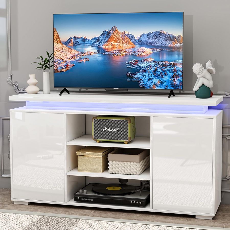 TV Stand High Gloss Modern Entertainment Center with Storage 2 Doors for TVs 50 55 60 Inch, Media Console Table with LED Lights & Power Outlet for Living Room Bedroom,White added by Teila Brown